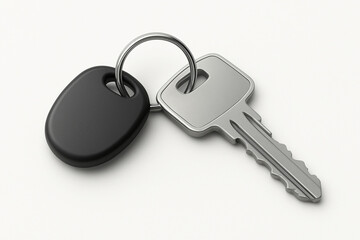 Metal key for a lock with a black keychain on a white background, template, background, empty space for text