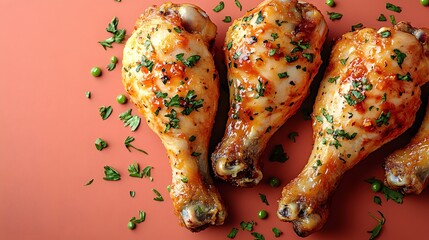 Juicy grilled chicken drumsticks garnished with herbs on a vibrant orange background