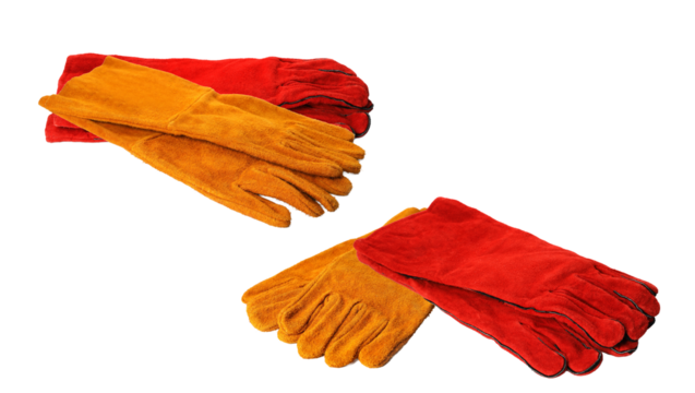 paired sets of red and yellow leather work gloves offering resilient hand protection for various industrial and construction tasks in professional environments