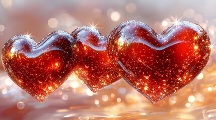 Three sparkling red hearts glimmering on a soft background with a warm glow in a romantic setting