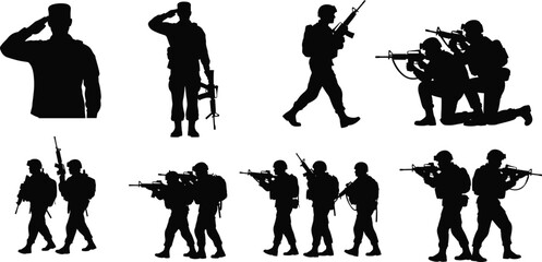 Flat vector, soldier silhouettes, military poses, army saluting, rifle aiming, combat training, marching troops, defense illustration, war concept, tactical action