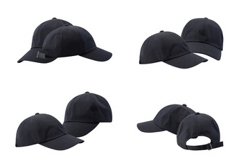 collection of black baseball caps shown as paired sets on a solid transparent background for...
