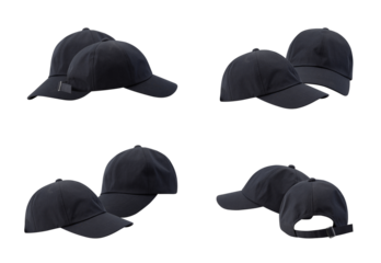 collection of black baseball caps shown as paired sets on a solid transparent background for product displays, marketing visuals, and retail presentations for apparel.