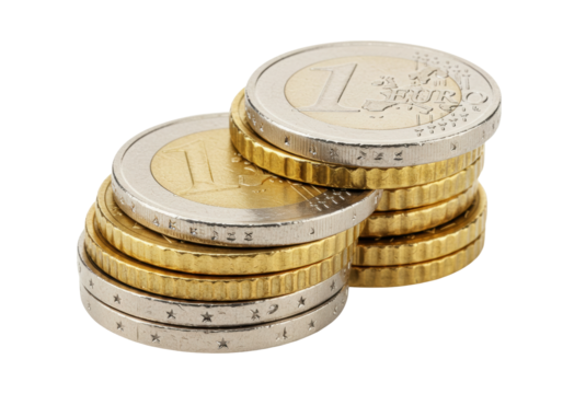 Isolated stack of one euro coins, European currency on table, closeup money, wealth