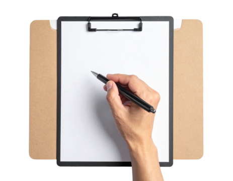 Close-Up of Hand Holding Pen Writing on Clipboard, Top-Down View, Isolated on Transparent Background