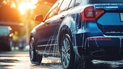 Car wash action urban street vehicle cleaning evening light close-up refreshing shine