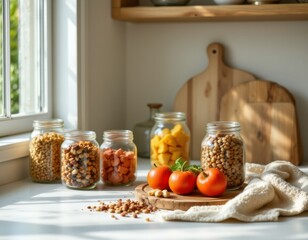 Kitchen Pantry with Jars of Food and Tomatoes