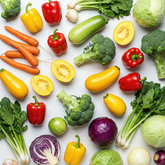 Overhead shot of fresh vegetables including carrots, broccoli, peppers and cabbages