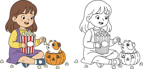 Girl Eating Popcorn with Guinea Pig in Pumpkin - Halloween Coloring Page