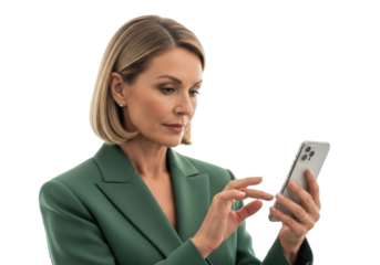 Mature caucasian woman in forest-green blazer holds smartphone, gazing intently at screen, transparent studio, copy space, concept of digital professional engagement