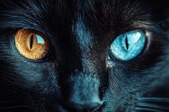 Black cat with striking heterochromia, one eye yellow, one eye blue