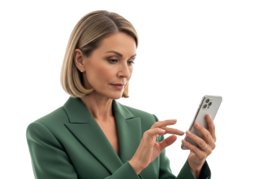 Mature caucasian woman in forest-green blazer holds smartphone, gazing intently at screen, transparent studio, copy space, concept of digital professional engagement