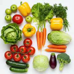 A colorful assortment of fresh vegetables and fruits arranged on a white background top view