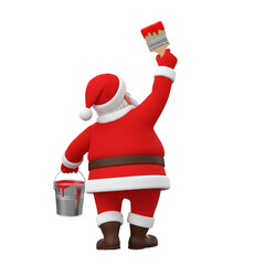 3D Render Of Santa Claus Character Painting With Brush And Red Paint Bucket, Rear View Isolated On White