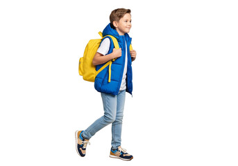Student Walking with Yellow Backpack in Casual Outfit
