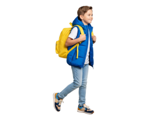 Student Walking with Yellow Backpack in Casual Outfit
