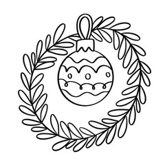 Christmas bauble hanging inside a leafy wreath in elegant black and white festive line art style
