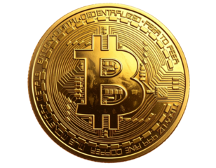 Golden Bitcoin Coin Front View, Isolated on Transparent Background 