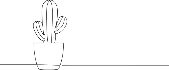 Cactus plant in pot one continuous line art, Vector illustration, One line art, Line art graphic style