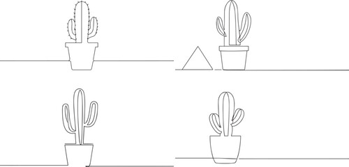 A set of Cactus plant in pot one continuous line art, Vector illustration, One line art, Line art graphic style