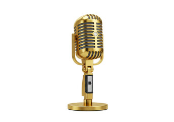 Isolated vintage-style golden microphone, broadcasting equipment for stage performance