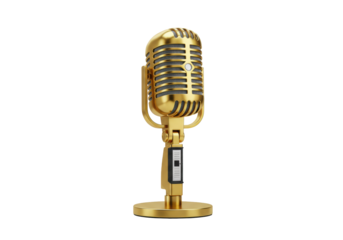 Isolated vintage-style golden microphone, broadcasting equipment for stage performance