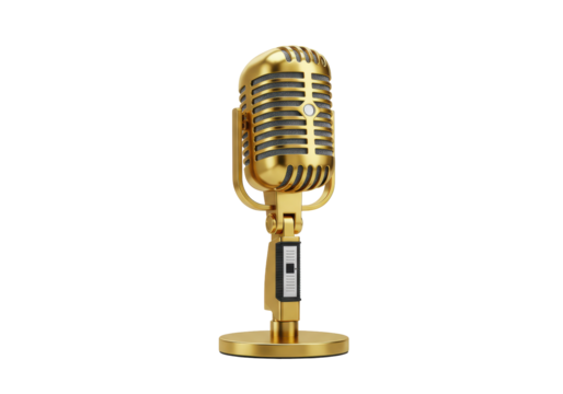 Isolated vintage-style golden microphone, broadcasting equipment for stage performance
