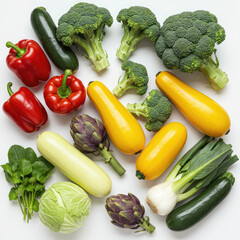 A vibrant assortment of fresh vegetables including broccoli peppers and zucchini on white