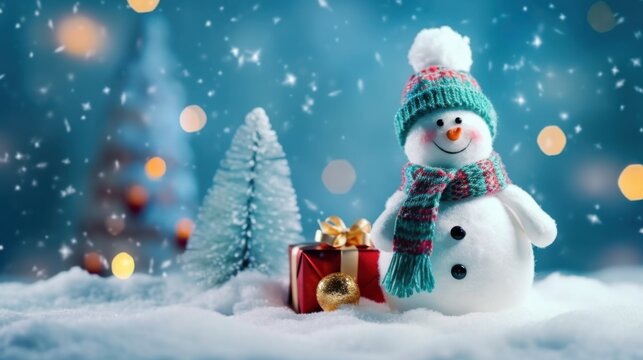 Festive snowman surrounded by trees and gifts winter wonderland holiday decor cheerful atmosphere close-up joy