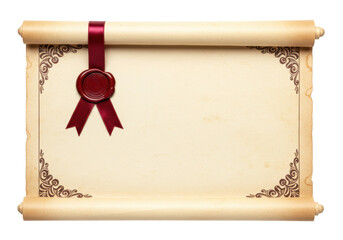 Isolated vintage parchment scroll tied with red ribbon and wax seal, certificate