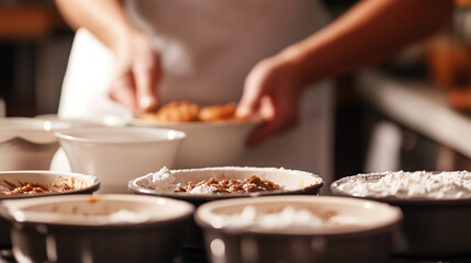 Homemade Christmas pie and pastry preparation by a woman wearing apron in cozy atmosphere kitchen with natural light.