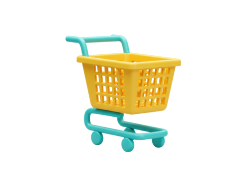 Isolated miniature shopping cart a fun toy, small yellow plastic container with turquoise handle