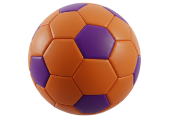 Isolated soccer ball with orange and purple hexagons for recreation, training and sport action