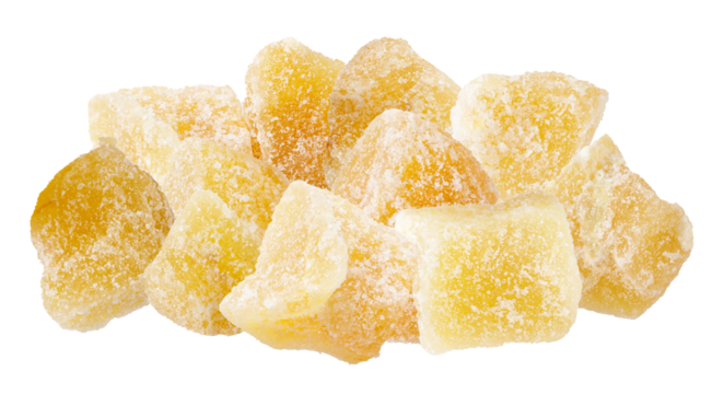 close-up of crystallized ginger pieces offers a sweet and spicy treat with a chewy texture, perfect for snacking, baking, or culinary applications