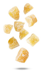 scattered crystallized ginger pieces present a delectable sweet and spicy snack or ingredient for baking, cooking enhancing flavor with natural goodness
