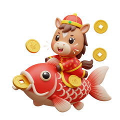 Cute 3D Zodiac Horse Riding Red Koi Fish with Gold Coins - Chinese New Year Mascot