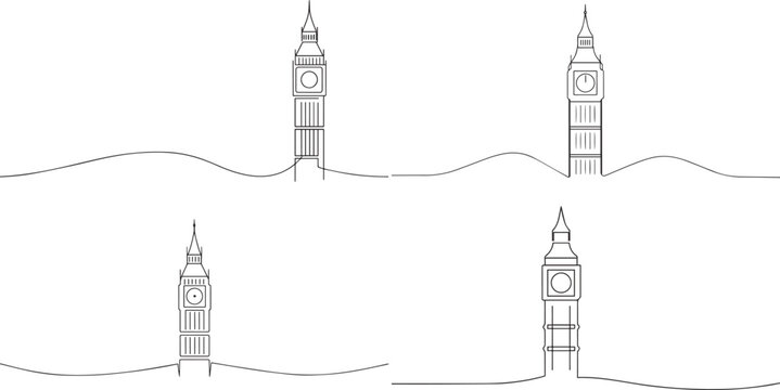 A set of Big Ben Tower one continuous line art, Vector illustration, One line art, Line art graphic style