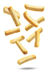 crunchy seasoned croutons falling against a stark black backdrop creating dynamic food photography, culinary concept for healthy eating inspiration