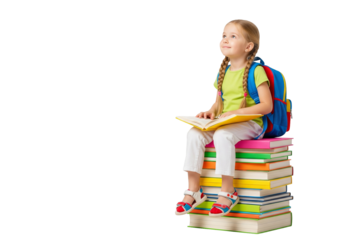 Child on Pile of Colorful Textbooks Isolated, Symbolizing Knowledge and Future