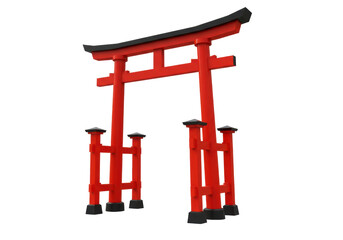 Isolated Torii Gate Structure, Red and Black Wood. Japanese Religious Symbol. Zen Garden Decor