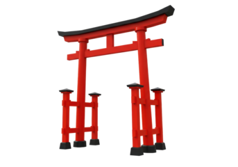 Isolated Torii Gate Structure, Red and Black Wood. Japanese Religious Symbol. Zen Garden Decor