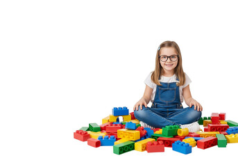 Cute Kid in Overalls Smiling, Surrounded by Educational Toy Bricks