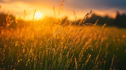 Golden sunset light shines through blades of grass in a field.