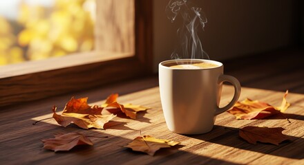 Coffee cup on wooden table with autumn leaves