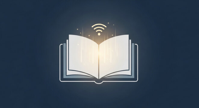 An open book with a glowing wifi symbol above it, symbolizing online learning and access to digital information and knowledge