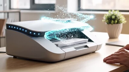 Smart printer with holographic document projection and digital interface in modern office workspace. Futuristic printing technology, wireless connectivity, cloud data transfer, and paperless - Powered by Adobe