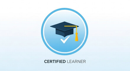 Certified learner badge, showcasing a graduation cap and checkmark, representing successful completion of a learning program