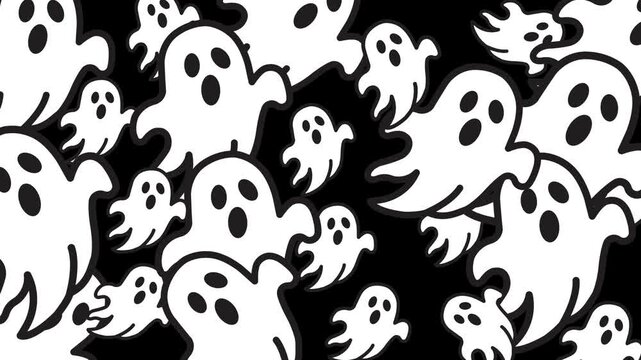 White ghost doodle on black background, ideal for halloweenthemed designs, spooky decorations, party invitations, and festive stationery items.