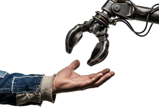 Rugged human hand with worn denim offers open palm to hovering robotic claw on transparent background, high-contrast lighting, concept of human-tech interface.