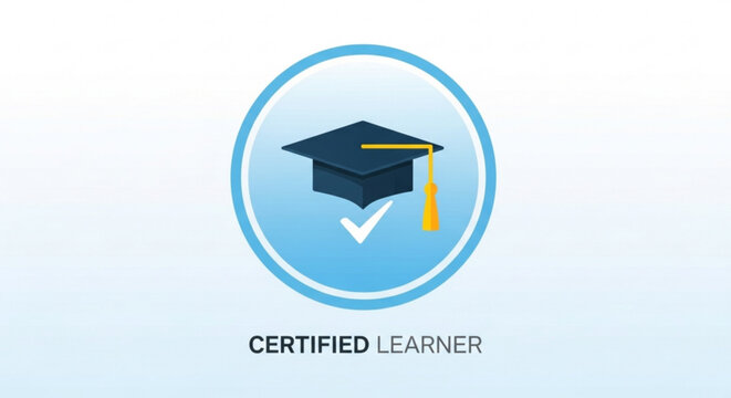 Certified learner badge, showcasing a graduation cap and checkmark, representing successful completion of a learning program